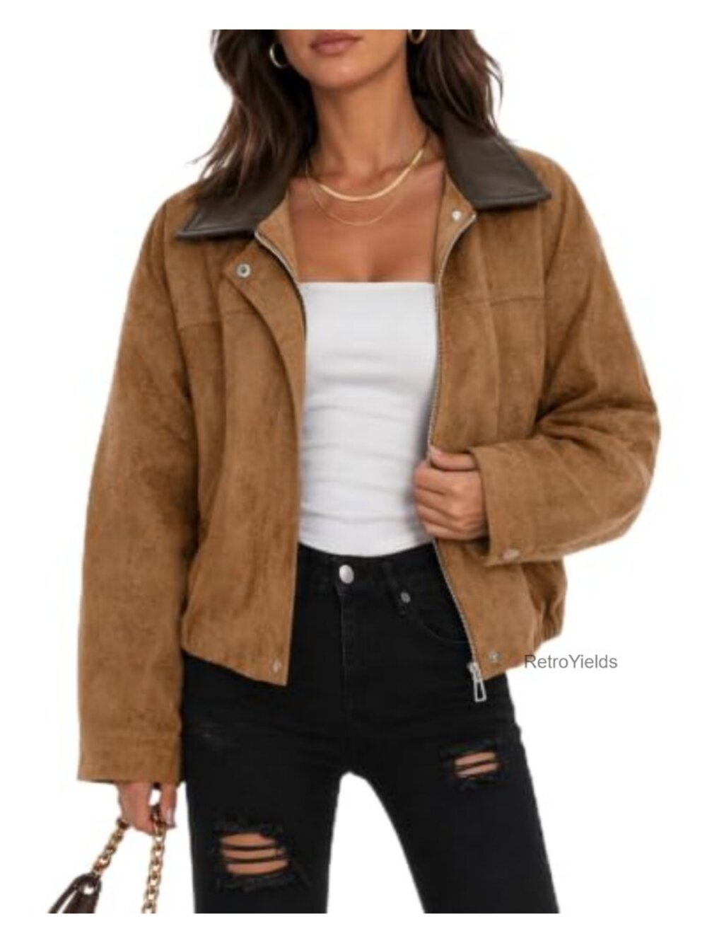 Faux Suede Bomber Jacket Collar Zip Up Cropped Casual Coat